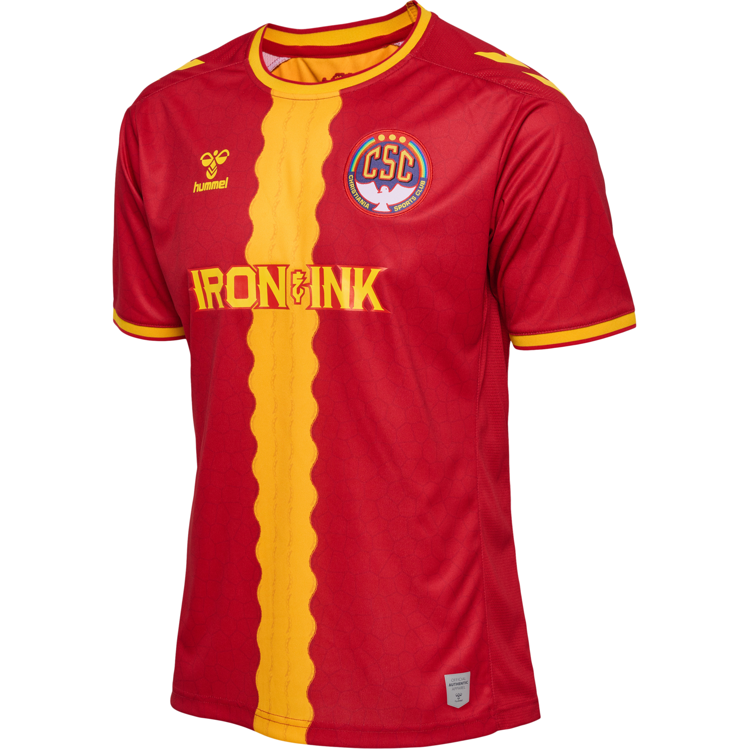 CSC 22/23 HOME JERSEY S/S, TRUE RED/SPORTS YELLOW W/SPONS, packshot
